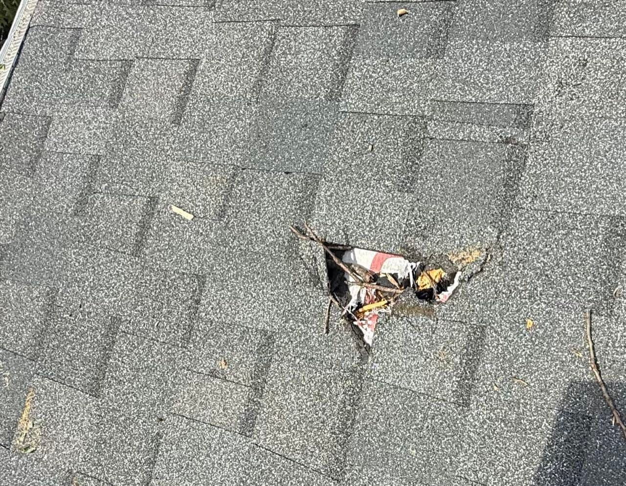 Puncture hole torn through architectural shingles and roof decking on a storm-damaged Severn, Maryland home