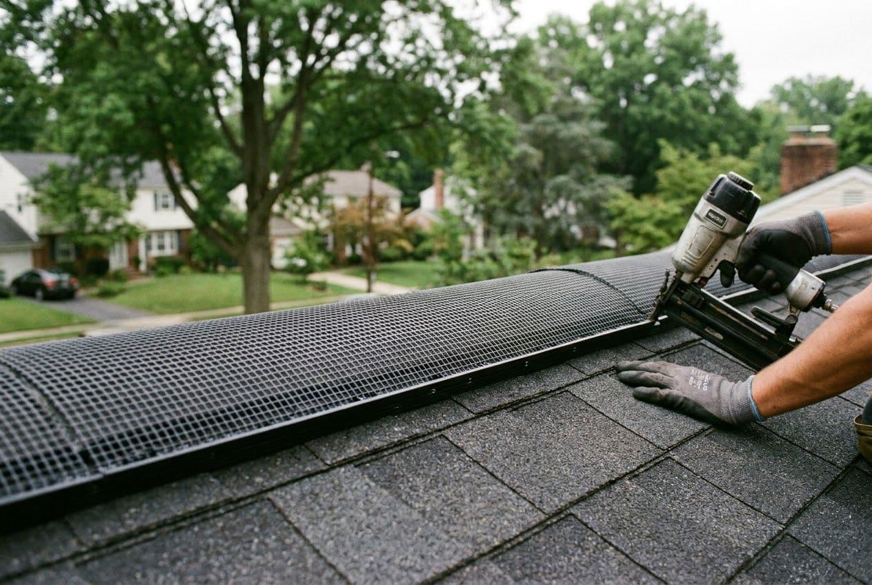A high-quality, documentary-style photograph of an Apper Construction contractor inspecting a residential roof in Severn, Maryland.